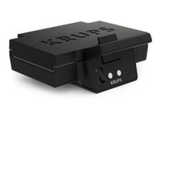 Ein geschlossener schwarzer Waffeleisen mit der Aufschrift 'KRUPS' auf dem Deckel, ausgestattet mit einer Bedienungsleiste an der Vorderseite.