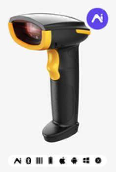 Ein schwarzer und gelber tragbarer Barcode-Scanner mit sichtbarem rotem Scanstrahl, entwickelt für effizientes Barcode-Scannen.