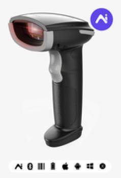 Ein handgehaltener Barcode-Scanner mit rotem Licht, entwickelt zum Lesen von Barcodes, vor einem einfarbigen weißen Hintergrund.