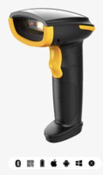 Gelber und schwarzer Handbarcode-Scanner auf einem hellen Hintergrund, der sein ergonomisches Design und den Auslöseknopf zeigt.