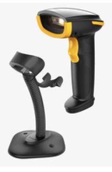 Ein tragbarer Barcode-Scanner in schwarz-gelber Ausführung mit Ständer, der zum Lesen von Barcodes in Einzelhandels- oder Lagerverwaltungsbereichen verwendet wird.