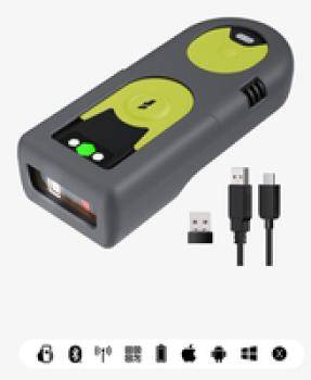 Ein grau-gelbes Ladegerät für mobile Geräte mit USB- und Micro-USB-Anschlüssen sowie einem leeren Ladeanschluss.