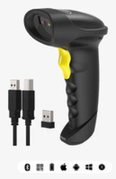 Schwarzer und gelber Barcode-Scanner mit strukturiertem Griff, zusammen mit zwei USB-Kabeln und einem USB-Dongle.