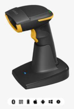 Ein schwarzer und gelber tragbarer Barcode-Scanner mit einer Ladestation, entwickelt für Bestandsverwaltung und Einzelhandelsumgebungen.