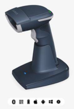 Ein tragbarer Barcode-Scanner auf einer Ladestation, von links angewinkelt vor einem einfarbigen Hintergrund.
