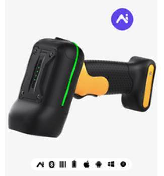 Ein schwarzer und orangefarbener Handbarcode-Scanner wird gezeigt. Der Scanner verfügt über einen strukturierten Griff und ist so positioniert, dass ein lila Logo darüber platziert ist.