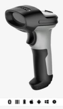 Ein handgehaltener Barcode-Scanner mit einem schwarz-grauen Design, ausgestattet mit einem Auslöser und einem ergonomischen Griff, verwendet zum Lesen von Barcodes.