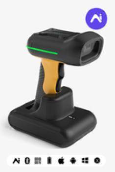 Ein tragbarer Barcode-Scanner mit einer Ladestation, ausgestattet mit einem gelb-schwarzen Design und einer grünen Leuchtanzeige auf der Oberseite des Scanners.