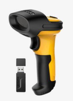 Ein gelb-schwarzer, tragbarer Barcode-Scanner mit USB-Empfänger, entwickelt zum Lesen von Barcodes und zur Datenübertragung an einen Computer.