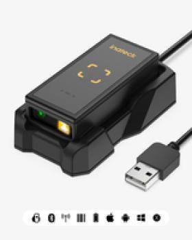 Barcode-Scanner mit USB-Anschluss; schwarzes Gerät mit Kontrollleuchte und der Aufschrift 