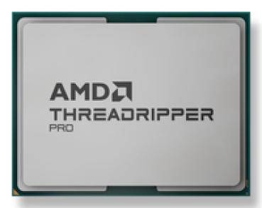 AMD Threadripper Pro Prozessor mit metallischer Oberfläche, der Branding-Text und schlankes Design zeigt und High-Performance-Computing repräsentiert.