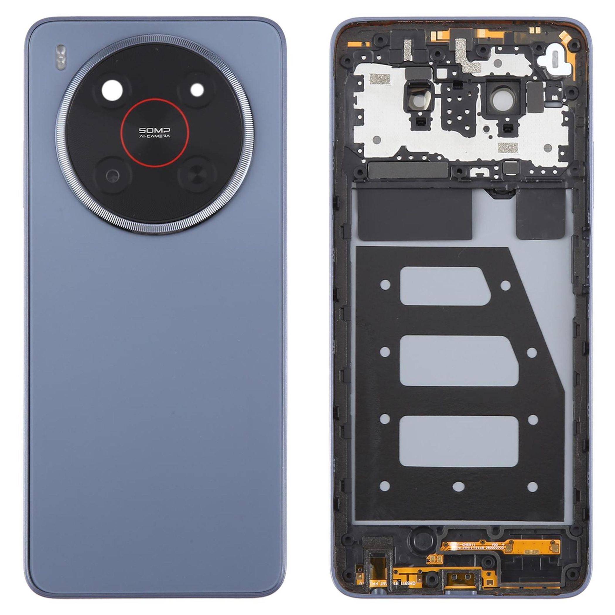Zwei Smartphone-Teile nebeneinander: die Vorderseite mit einem Kameramodul, beschriftet mit '50MP', und eine zerlegte Rückseite, die Innenkomponenten zeigt.