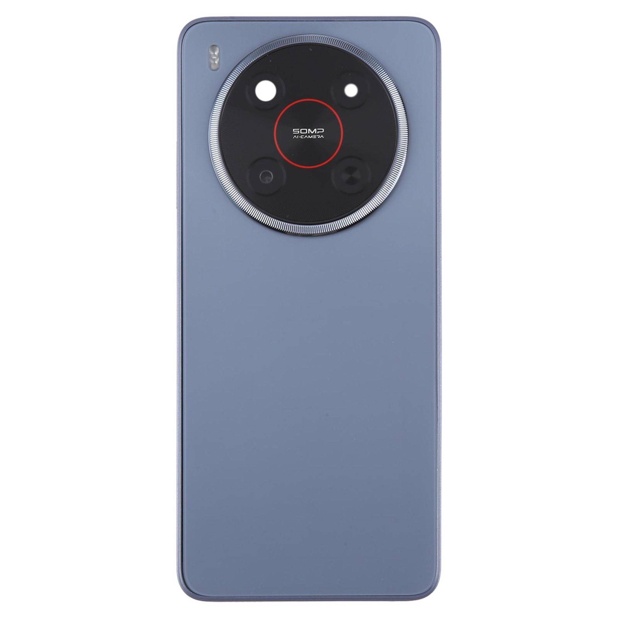 Ein blaues Smartphone mit einem großen runden Kameramodul auf der Rückseite, das mit '24MP Optischer Zoom' gekennzeichnet ist und mehrere Linsen sowie einen Blitz aufweist.