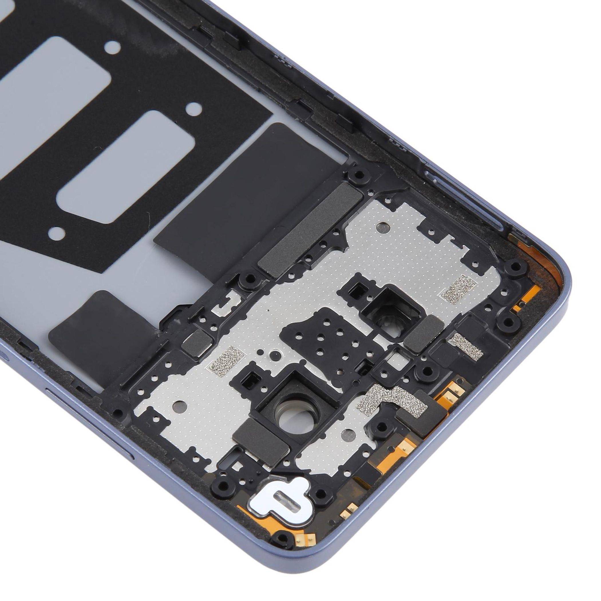 Smartphone-Innenansicht mit Metallgehäuse, Innenkomponenten und Montagebereichen, die die Konstruktion und Anordnung des Geräts hervorheben.