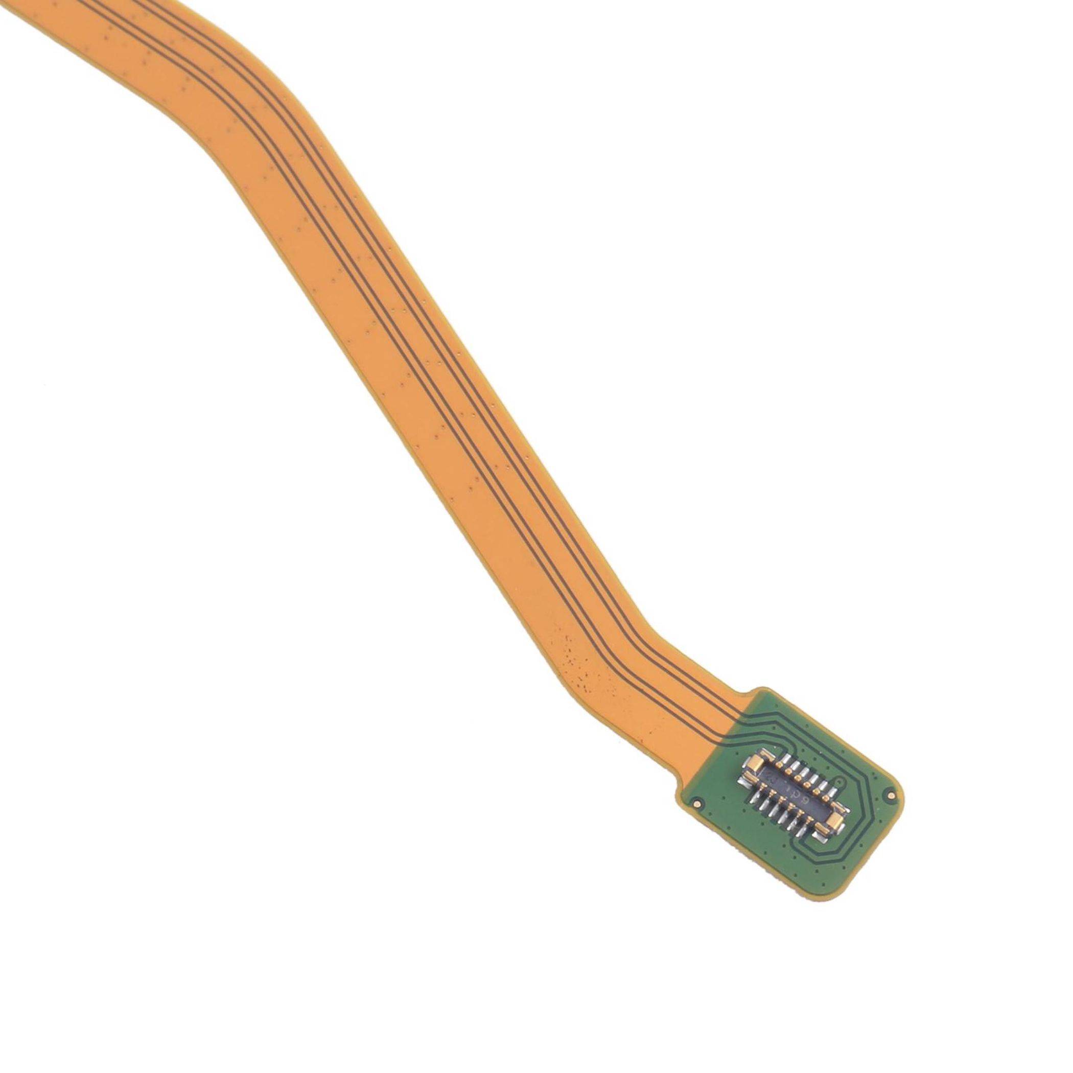 Eine flexible, braune Leiterplatte mit sichtbaren metallischen Leiterbahnen und einem kleinen, rechteckigen Anschluss an einem Ende, dargestellt vor einem weißen Hintergrund.