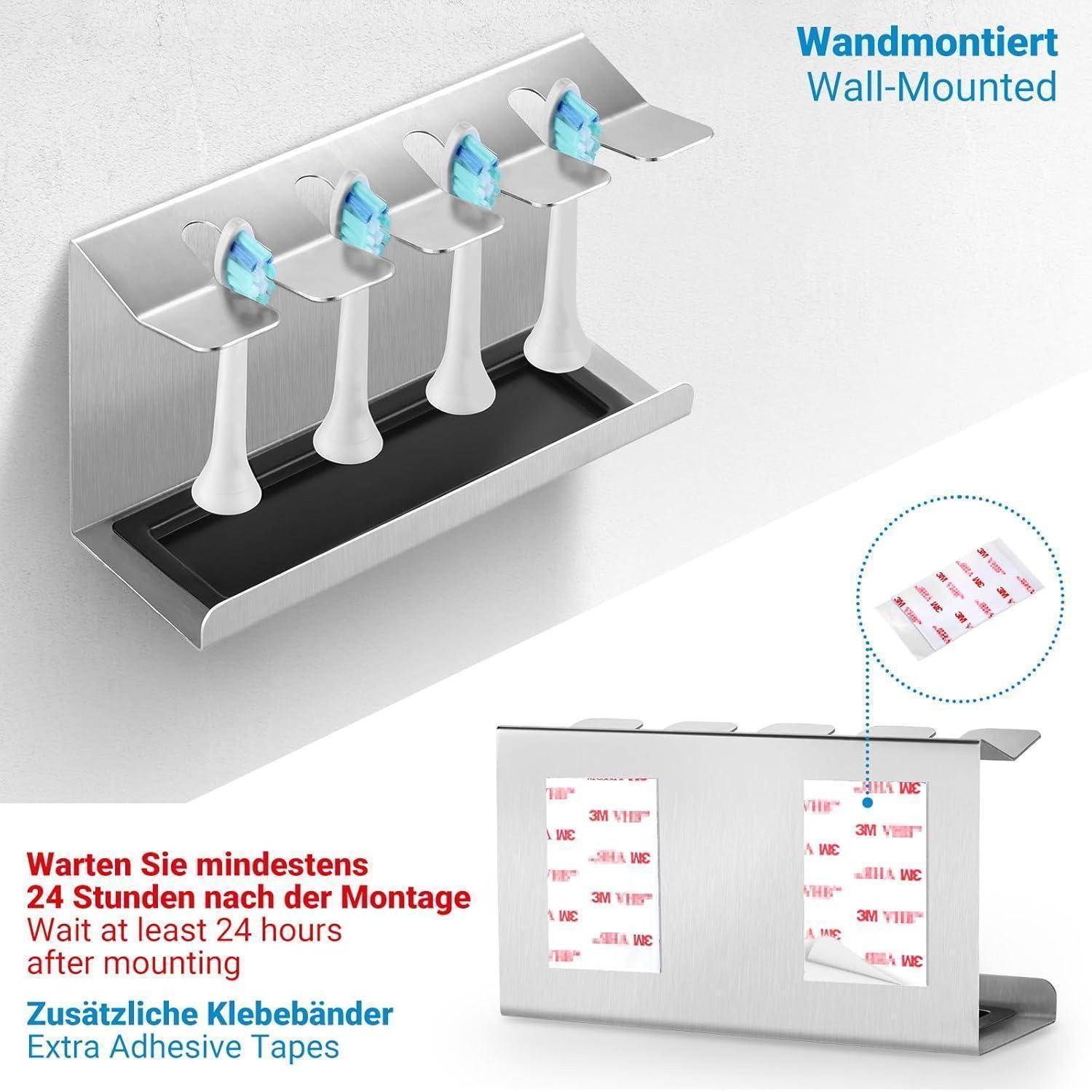 Wandmontierter Zahnbürstenhalter mit vier Fächern und Abtropfschale, mit Klebeband und Anweisung: „Nach der Montage mindestens 24 Stunden warten.