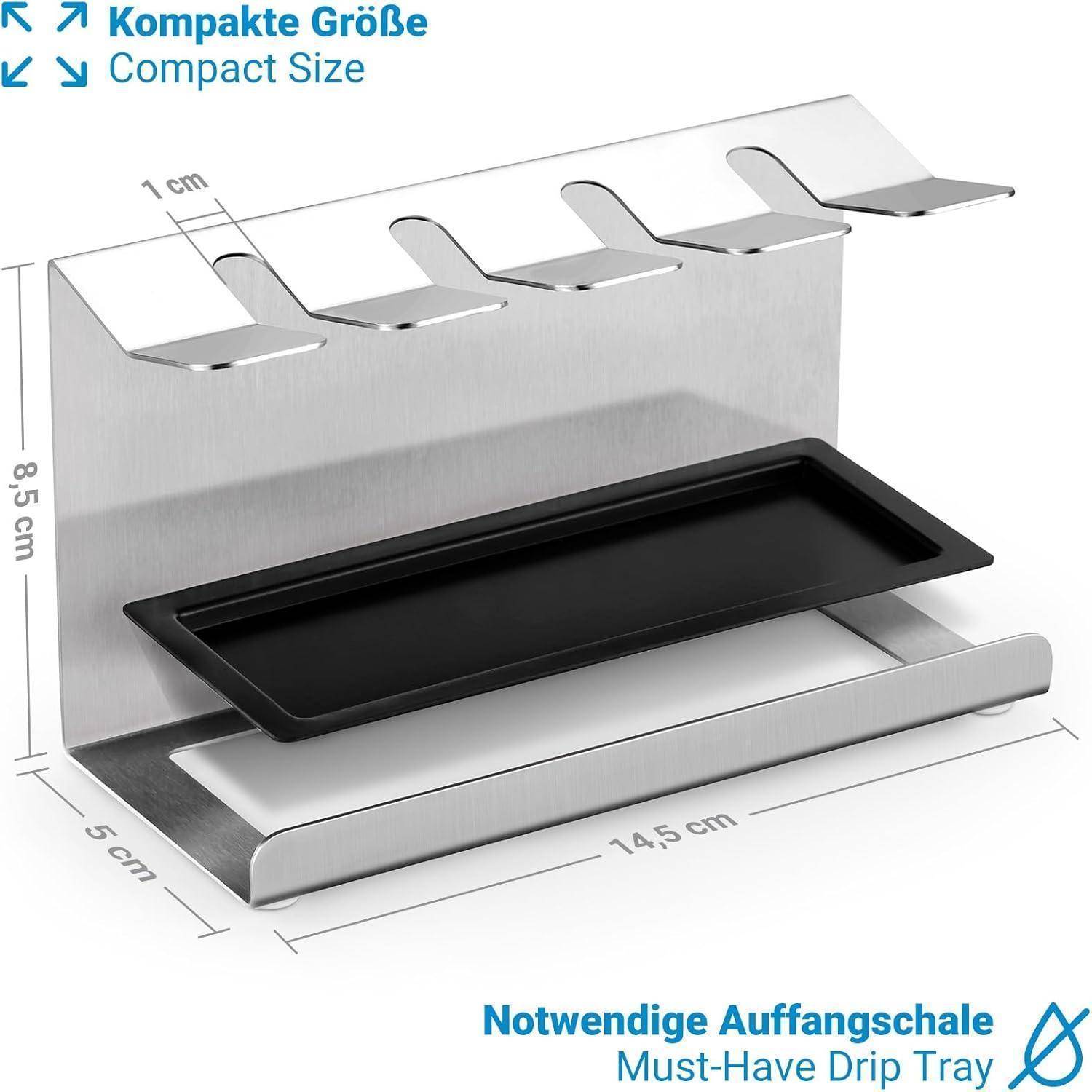 Ein Metall-Weinglas-Halter mit Abmessungen von 14,5 cm x 9,5 cm x 8,5 cm, ausgestattet mit einer Auffangschale. Etiketten: 'Kompakte Größe', 'Compact Size', 'Notwendige Auffangschale', 'Must-Have Drip Tray'.