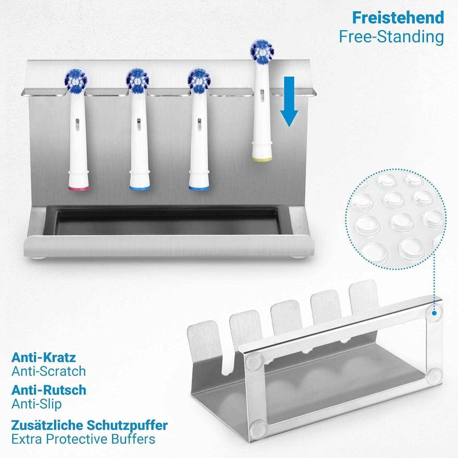 Freistehender Zahnbürstenhalter für vier Köpfe mit kratzfester, rutschfester und zusätzlicher Schutzpufferung.