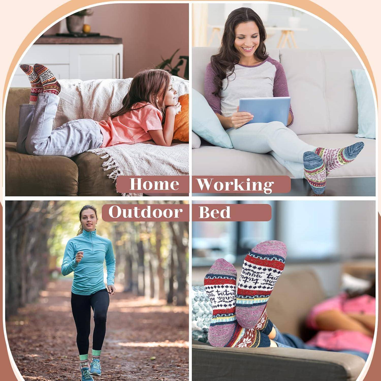 Eine Collage: Frau auf der Couch lesend, Frau mit Laptop, Frau joggt im Park, Füße in gemütlichen Socken. Textbeschriftungen: 'Zuhause', 'Arbeiten', 'Draußen', 'Bett'.