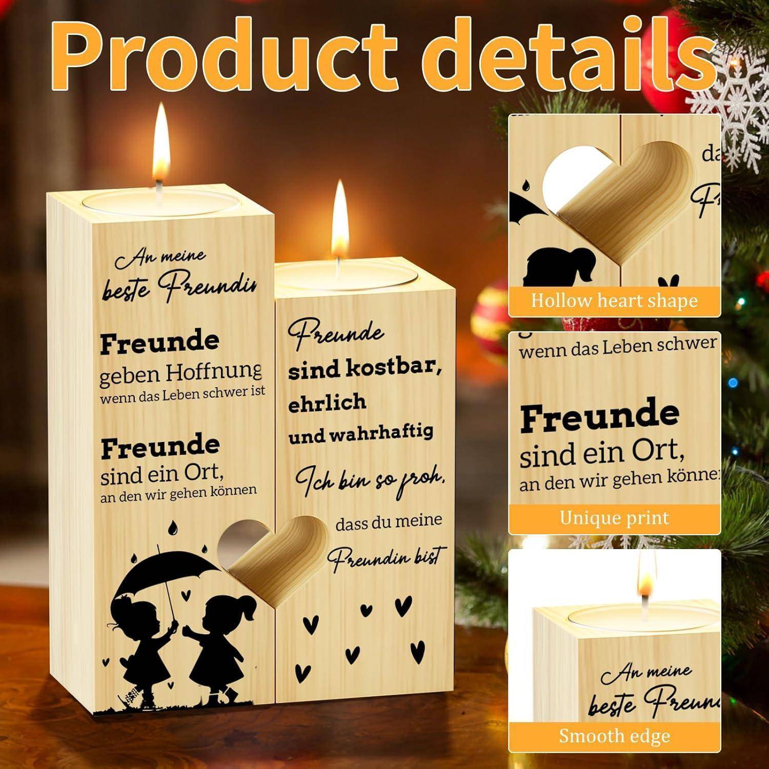 Zwei Holzkerzenhalter mit Herzausschnitten, die einen deutschen Text über Freundschaft tragen. Einer zeigt eine Silhouette von Kindern mit Regenschirmen.