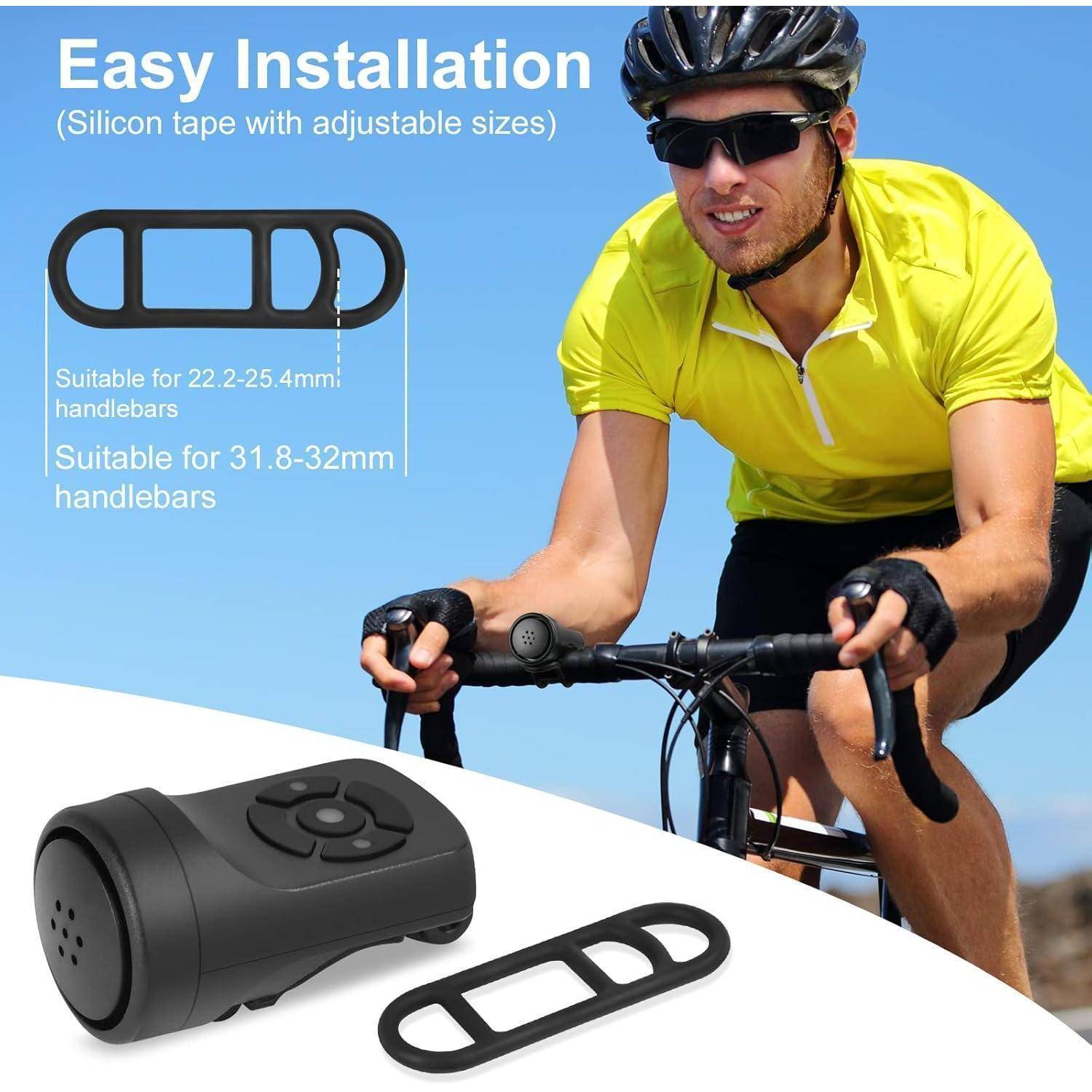 Ein Radfahrer fährt mit einem montierten Fahrrad-Zubehör am Lenker. Text lautet: Einfache Installation, geeignet für Lenker von 22,2-35,4 mm.