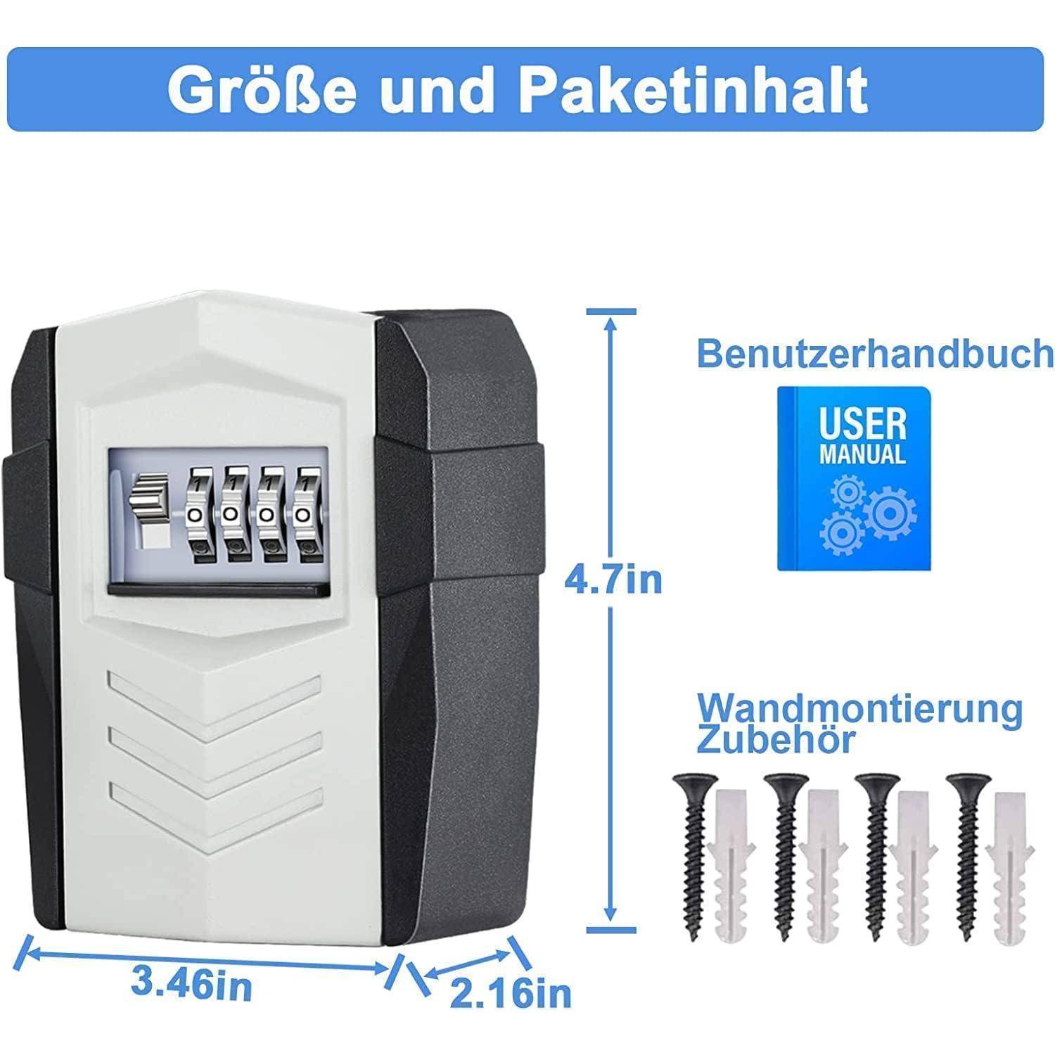Kombinationsschloss-Box mit Abmessungen von 4,7 Zoll x 3,46 Zoll x 2,16 Zoll. Inklusive Bedienungsanleitung und Wandbefestigungszubehör mit Schrauben.