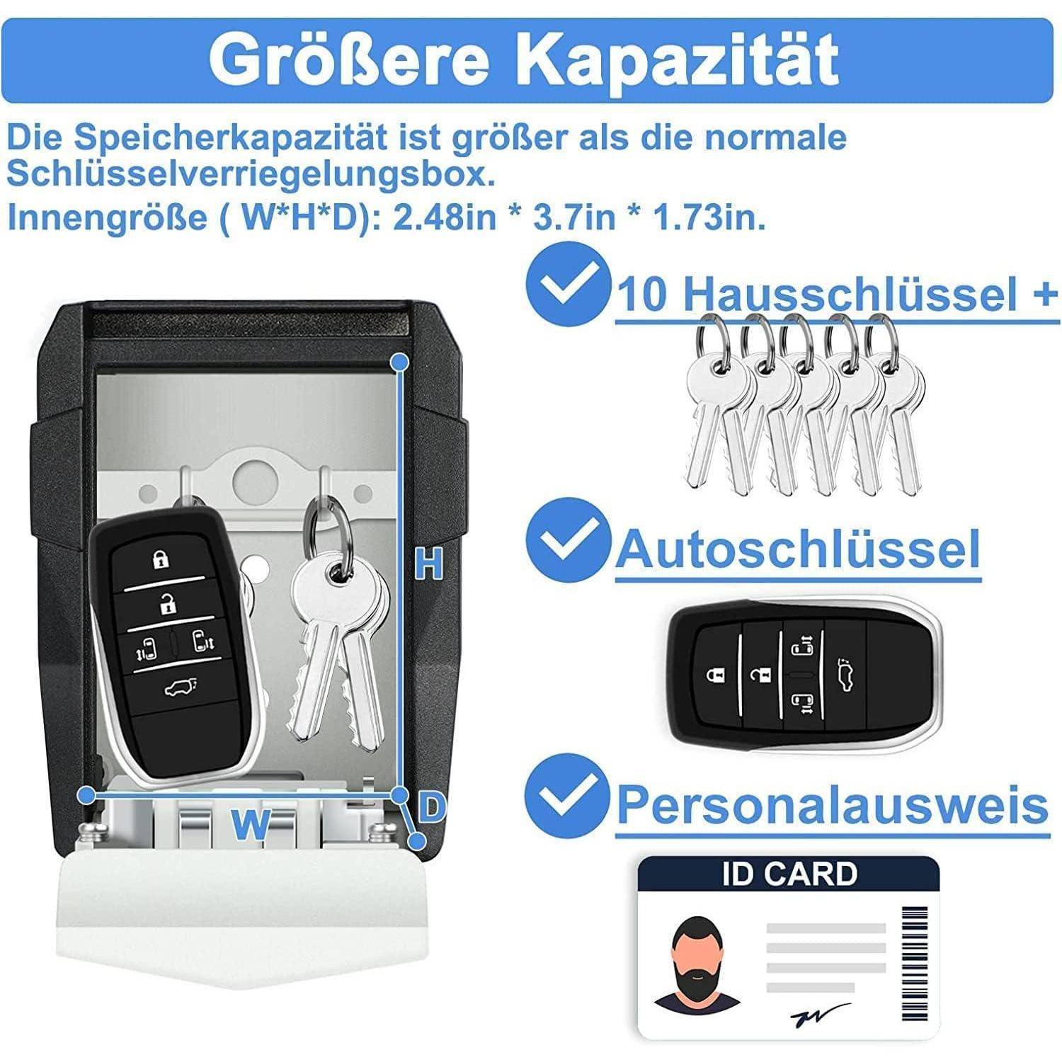 Ein Schlüsseltresor mit der Beschriftung 'Größere Kapazität', der Platz für 10 Hausschlüssel, einen Autoschlüssel und einen Ausweis bietet. Innere Abmessungen: 2,48 cm x 3,7 cm x 1,73 cm.