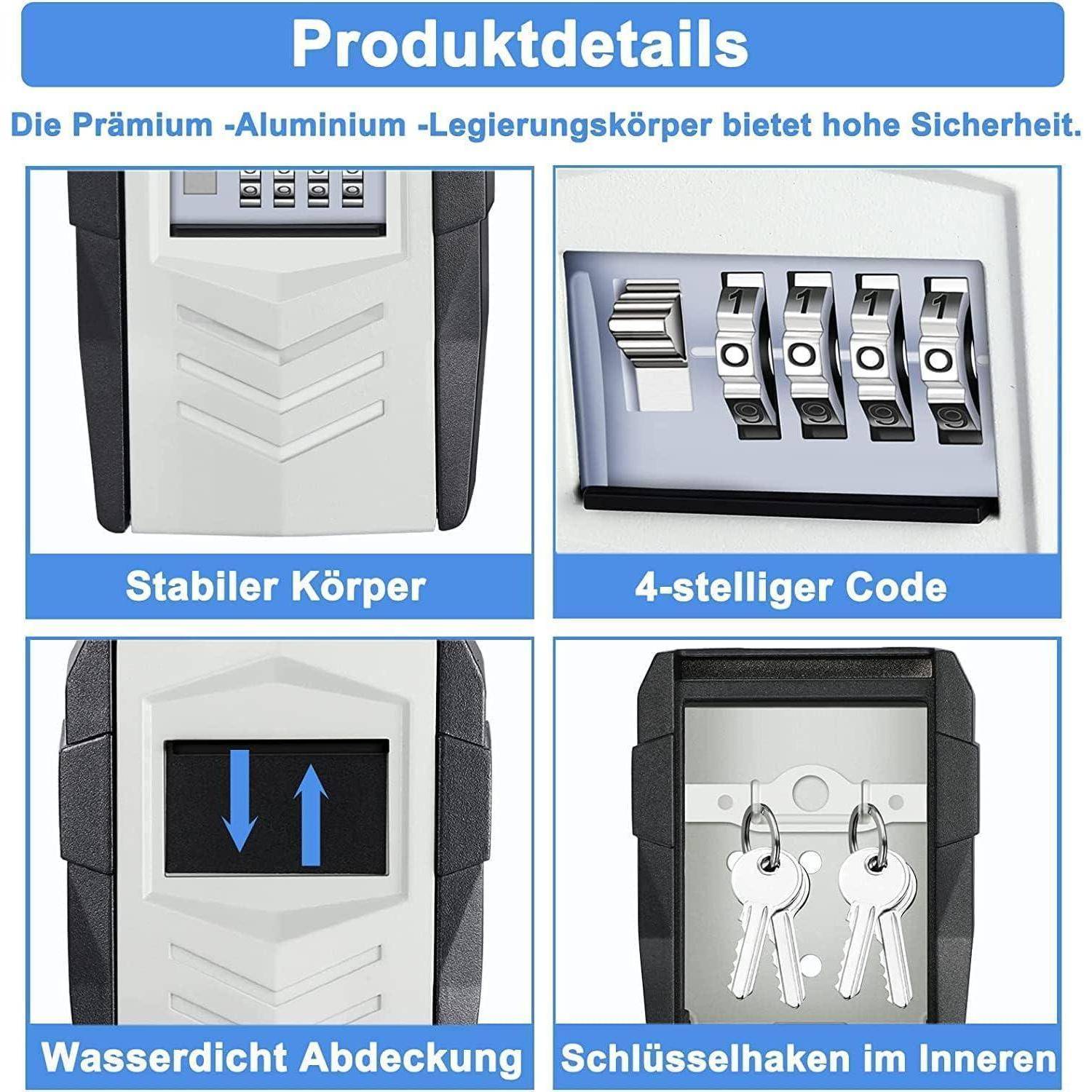 Das Bild zeigt einen Tresor mit folgenden Merkmalen: 'Stabiler Körper', '4-stelliger Code', 'Wasserdichte Abdeckung' und 'Schlüsselhaken im Inneren'.