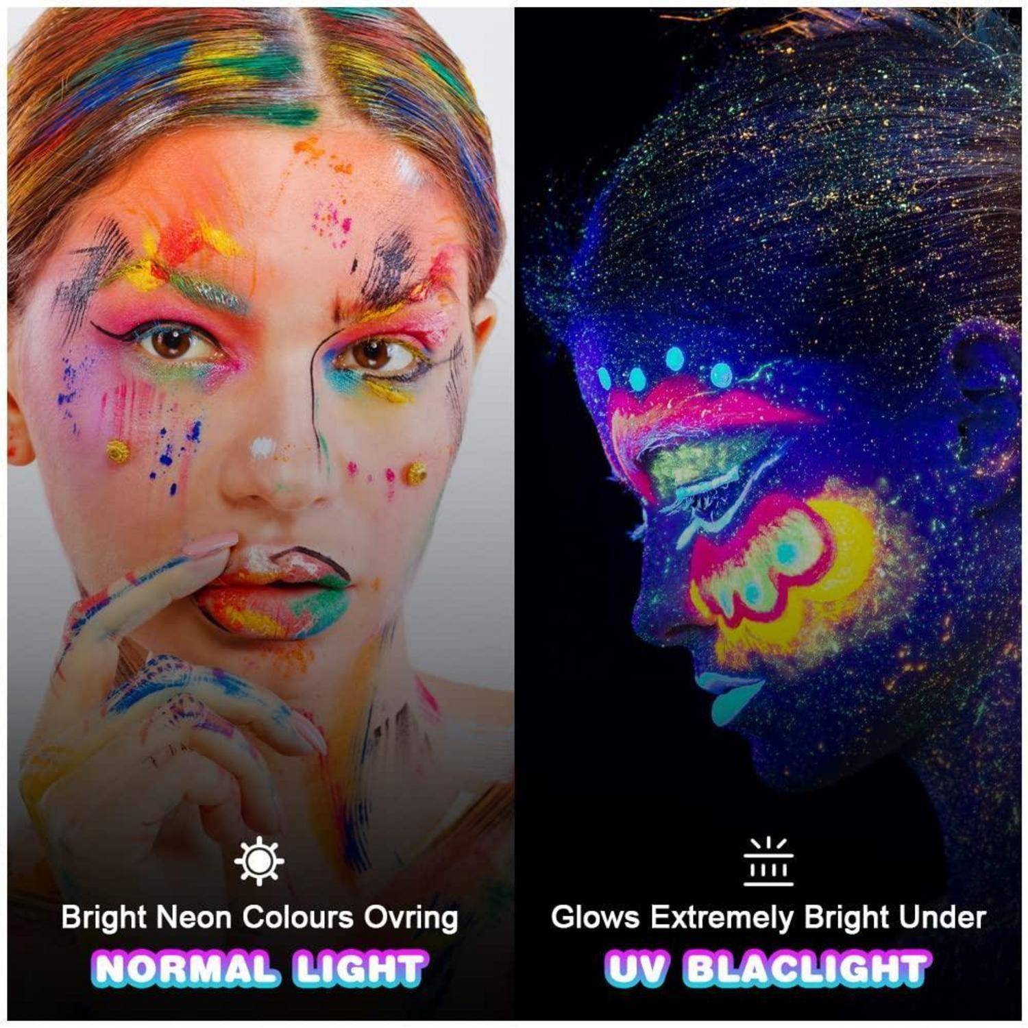 Leuchtende Neonfarben auf dem Gesicht einer Frau bei normalem Licht (links) und unter UV-Schwarzlicht lebhaft leuchtend (rechts).