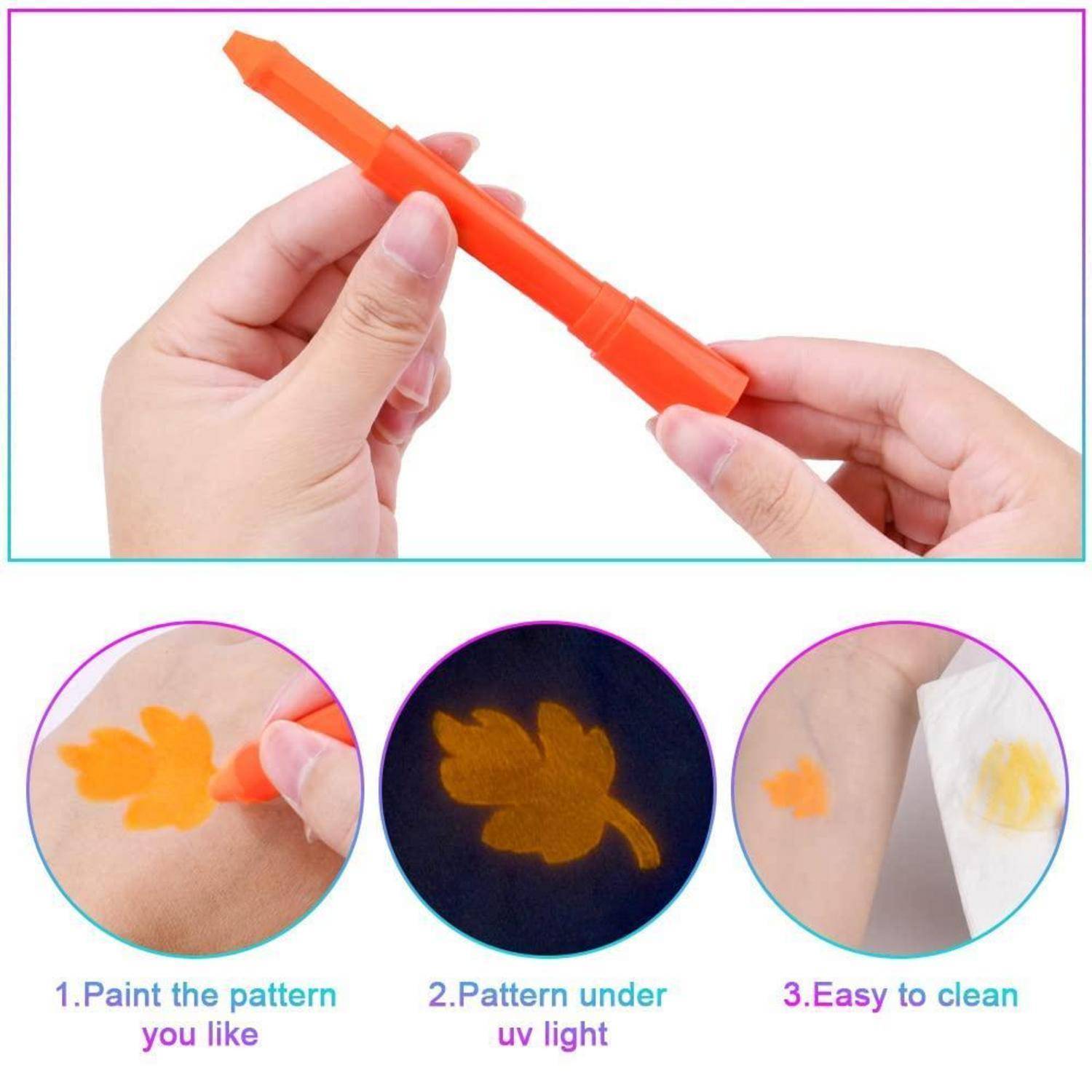 Person, die einen orangefarbenen Stift hält. Drei Kreise darunter zeigen ein Blattmuster, das unter UV-Licht sichtbar ist und sich leicht reinigen lässt.