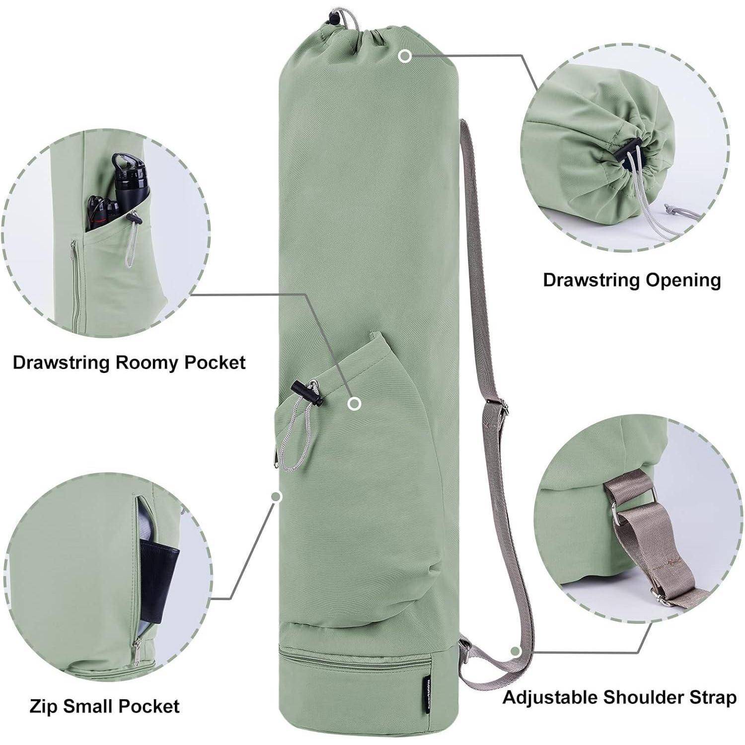 Grüne Yogamatte Tasche mit Kordelzugöffnung und verstellbarem Schultergurt. Ausstattungsmerkmale umfassen eine geräumige Tasche und eine kleine Reißverschlusstasche zur Aufbewahrung.