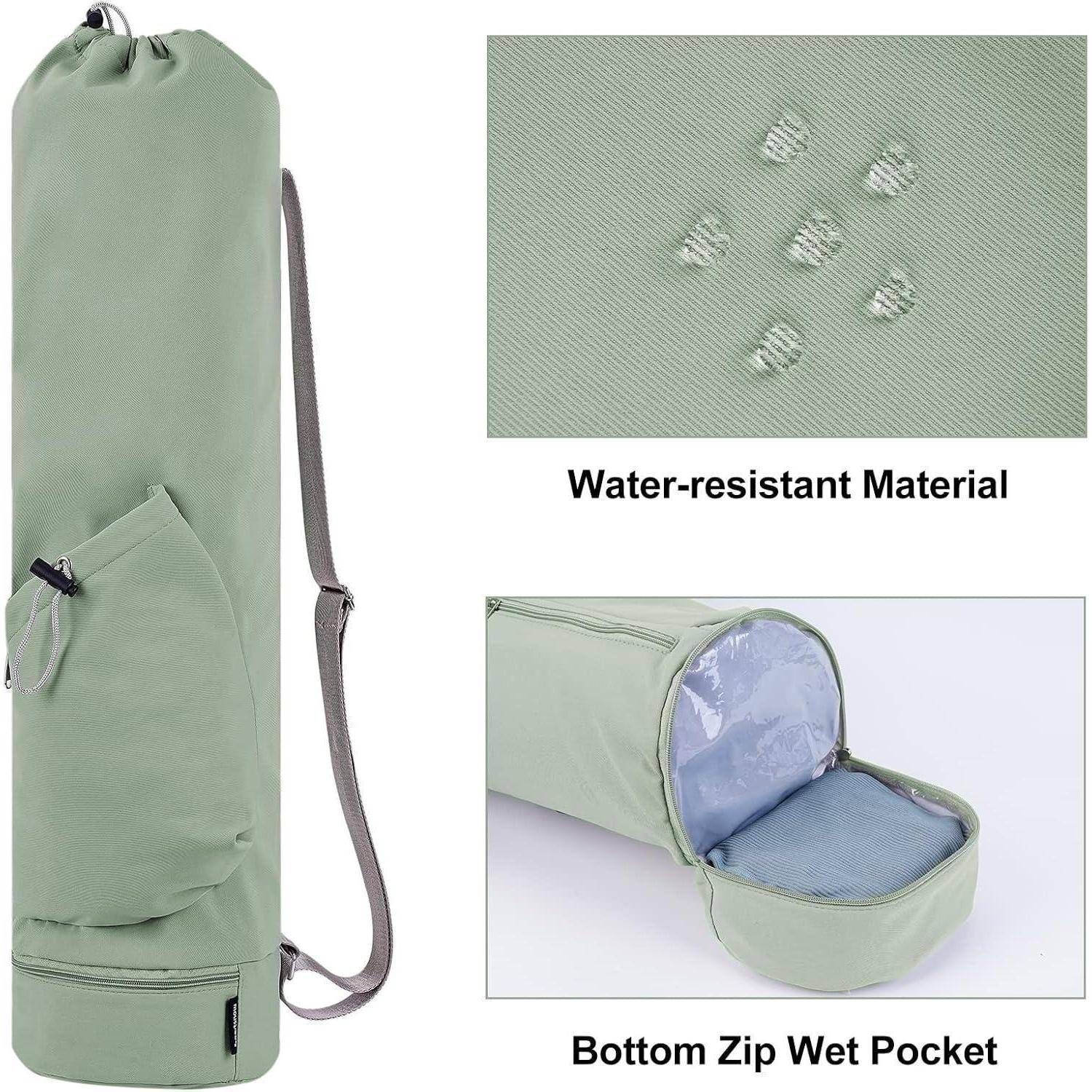 Eine grüne Yogamatten-Tasche mit Tragegriff und einer Tasche für wasserabweisende Gegenstände. Nahaufnahmen zeigen, wie das Material Wasser abperlen lässt, und eine Reißverschlusstasche am Boden.