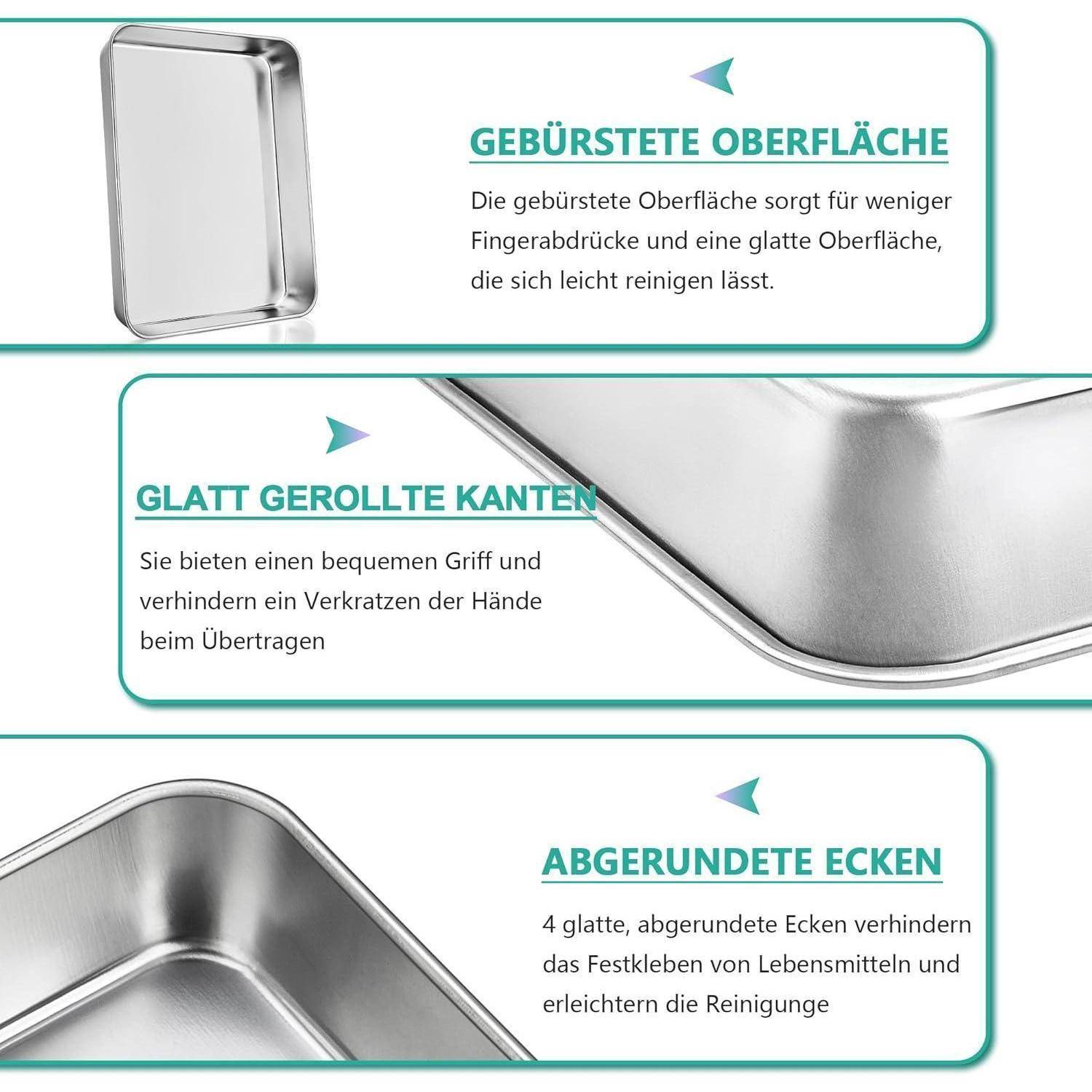 Ein Metalltablett mit einer glatten, gebürsteten Oberfläche und abgerundeten Kanten zum Vermeiden von Kratzern, mit deutschem Text über seine Eigenschaften.