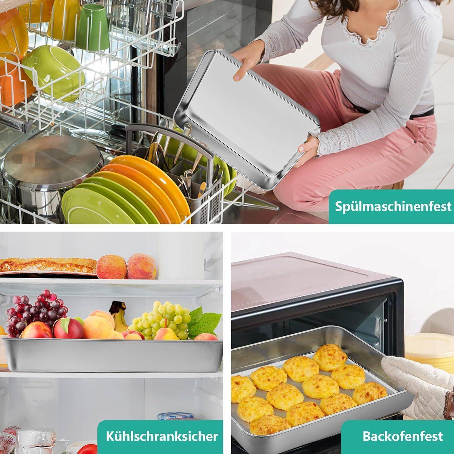 Eine Frau stellt ein Backblech in eine Spülmaschine. Andere Bilder zeigen Obst im Kühlschrank und Muffins im Backofen, beschriftet mit 'Spülmaschinenfest', 'Kühlschranksicher', 'Backofenfest'.