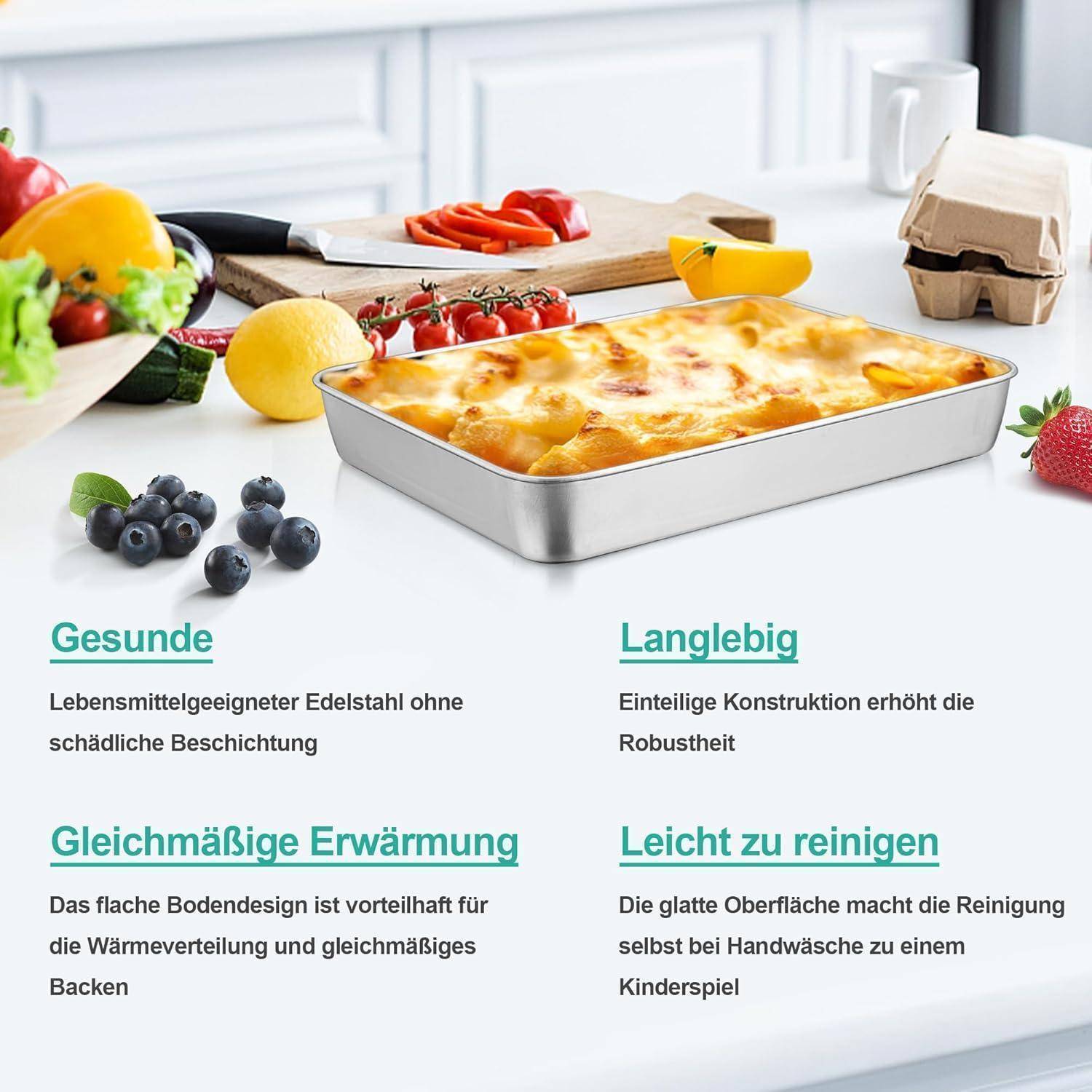 Eine Auflaufform mit Lasagne, umgeben von Gemüse. Aufgeführte Merkmale: 'Gesund', 'Langlebig', 'Gleichmäßige Erwärmung', 'Leicht zu reinigen'. Der deutsche Text betont Langlebigkeit und Benutzerfreundlichkeit.