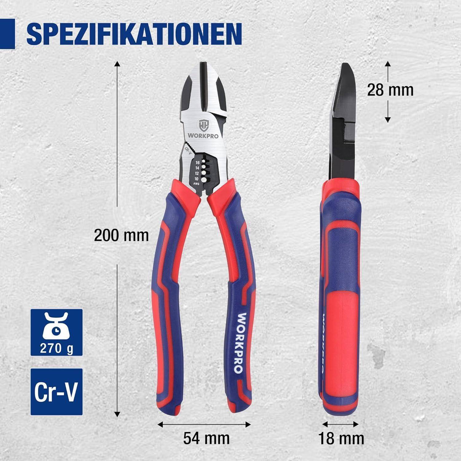 Ein Paar WORKPRO Zangen vor einem grauen Hintergrund mit dem deutschen Text 'SPEZIFIKATIONEN'. Die Zangen sind 200 mm lang, 54 mm breit, 18 mm dick, 28 mm Spitze und wiegen 270 g.