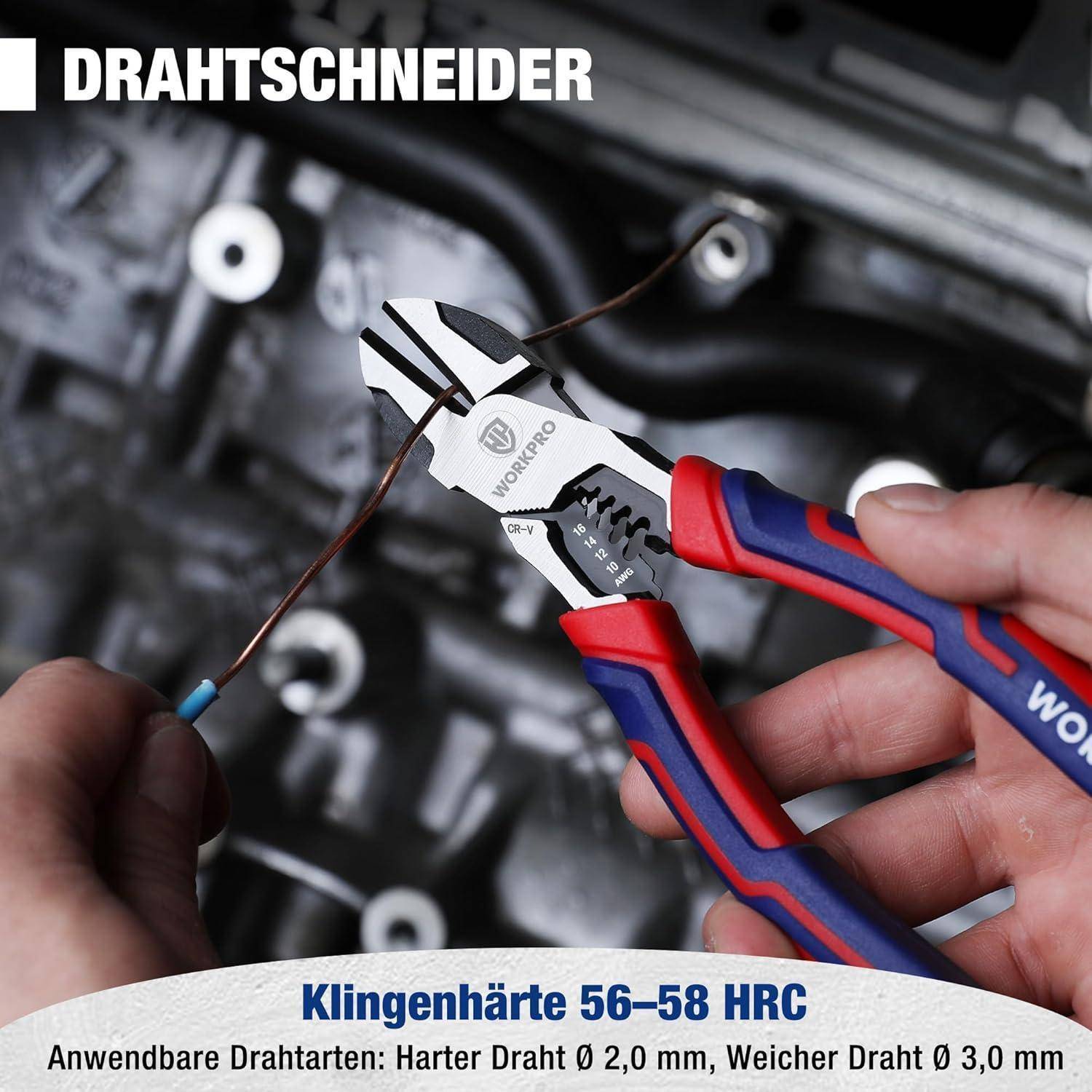 Nahaufnahme von Händen, die eine Drahtschneider-Zange an einem blauen Draht verwenden. Text: Drahtschneider, Klingenhärte Ö 56–58 HRC, Anwendbare Drahtarten: Harter Draht Ö 2,0 mm, Weicher Draht Ö 3,0 mm.