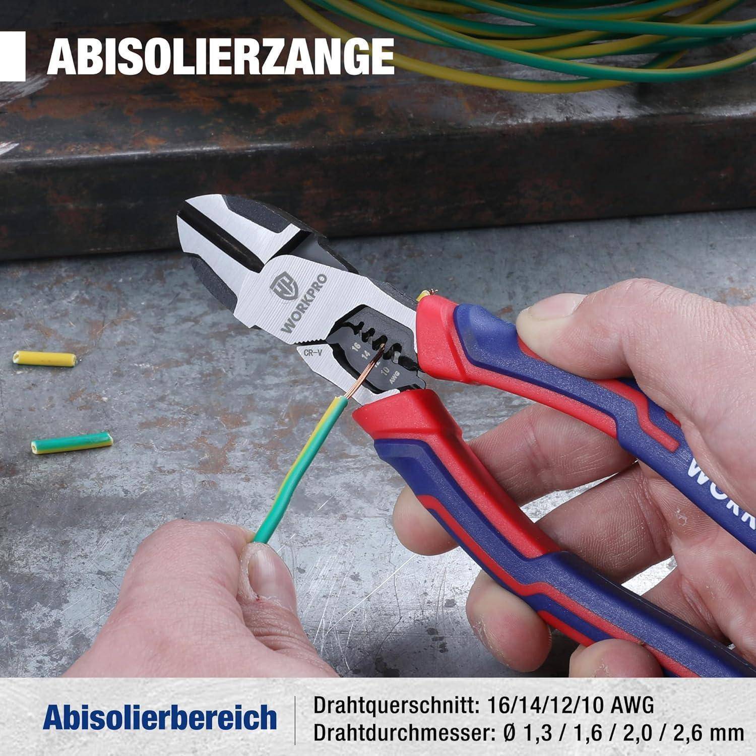 Eine Hand benutzt eine Abisolierzange, um einen grünen Draht zu abisolieren. Der Text lautet 