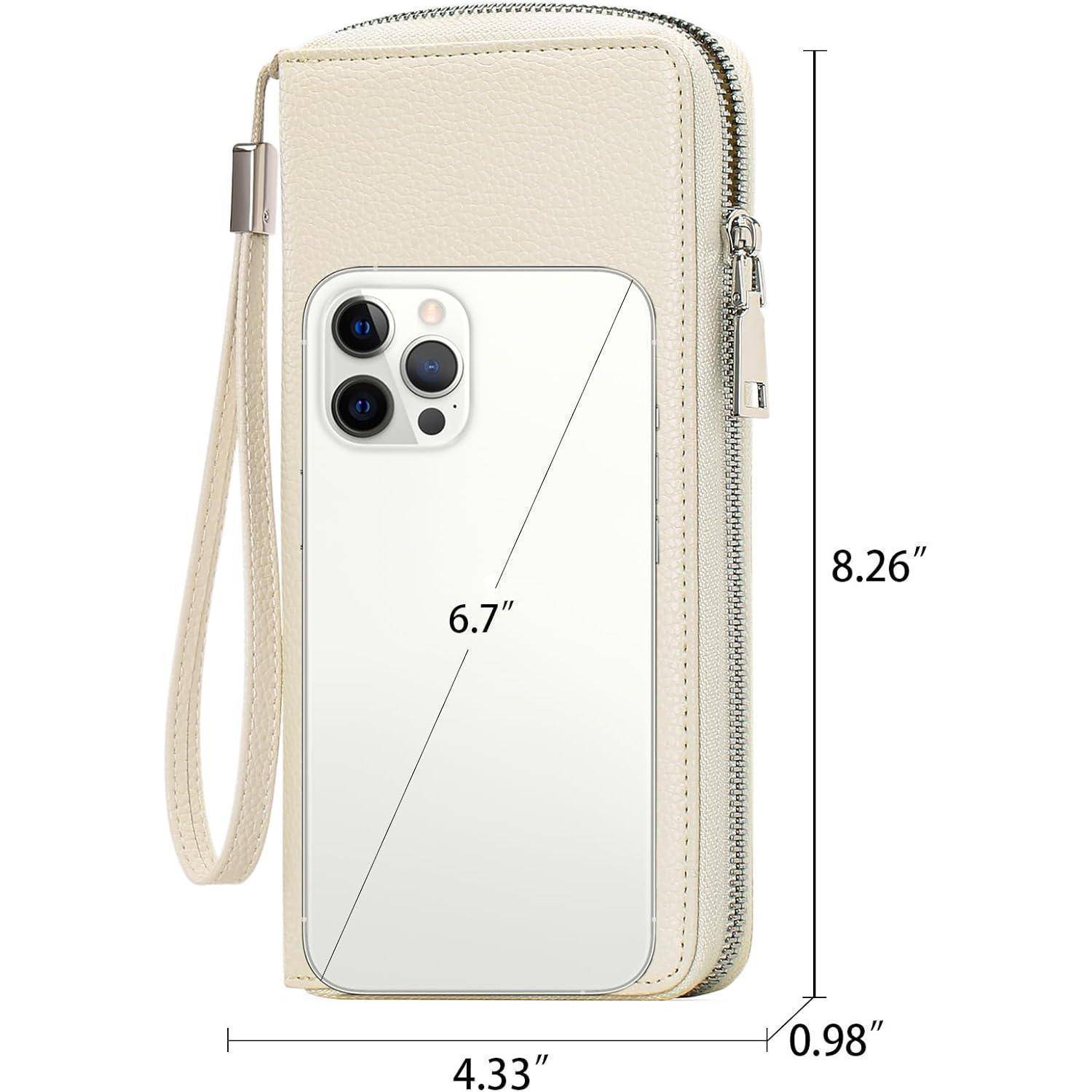 Eine beige Lederbörse mit Handgelenkschlaufe liegt neben einem weißen Smartphone. Abmessungen: Geldbörse misst 8,26