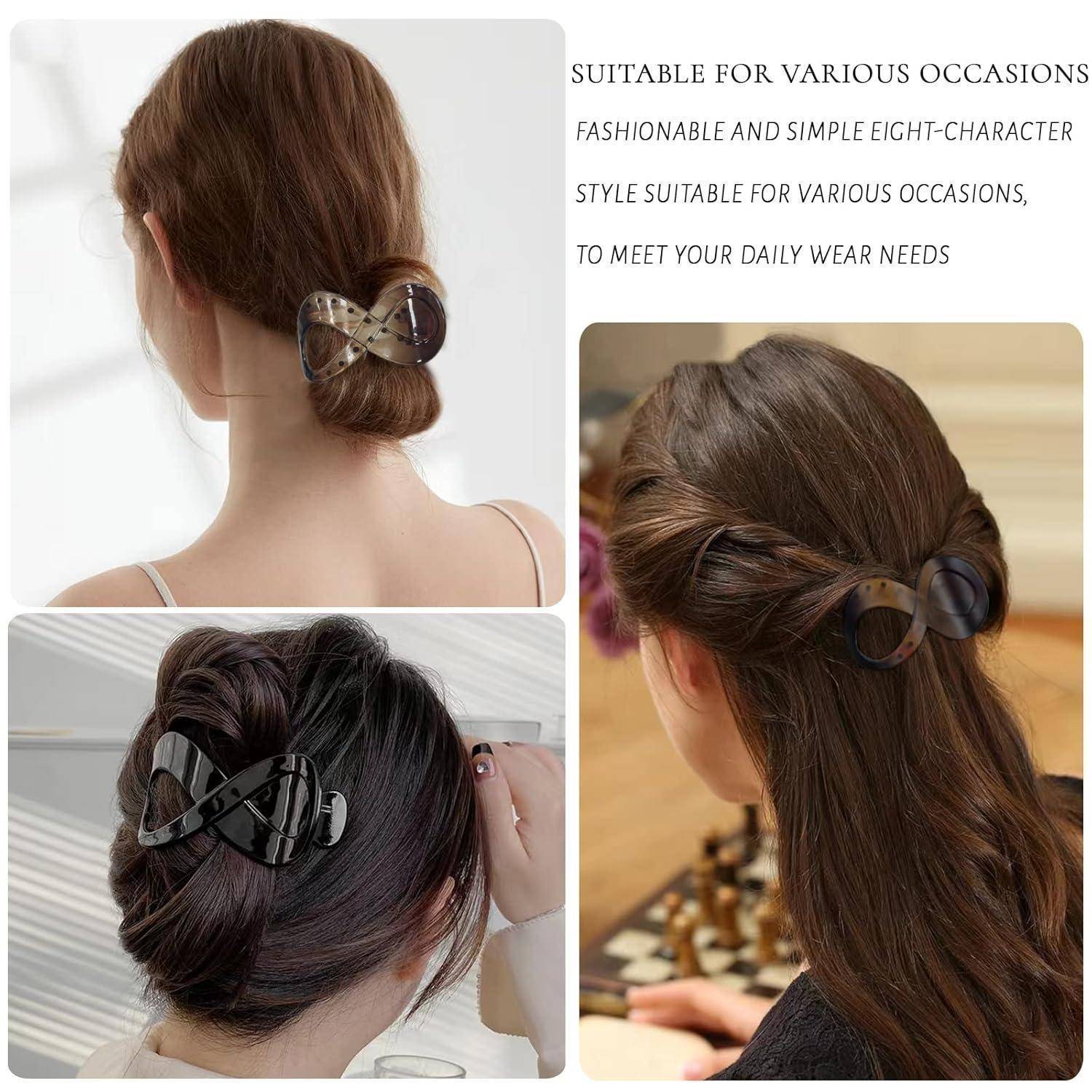 Eine dekorative Haarspange im eleganten Unendlichkeitsdesign, dargestellt an drei verschiedenen Frisuren. Der Text betont ihre Vielseitigkeit für den täglichen Gebrauch.