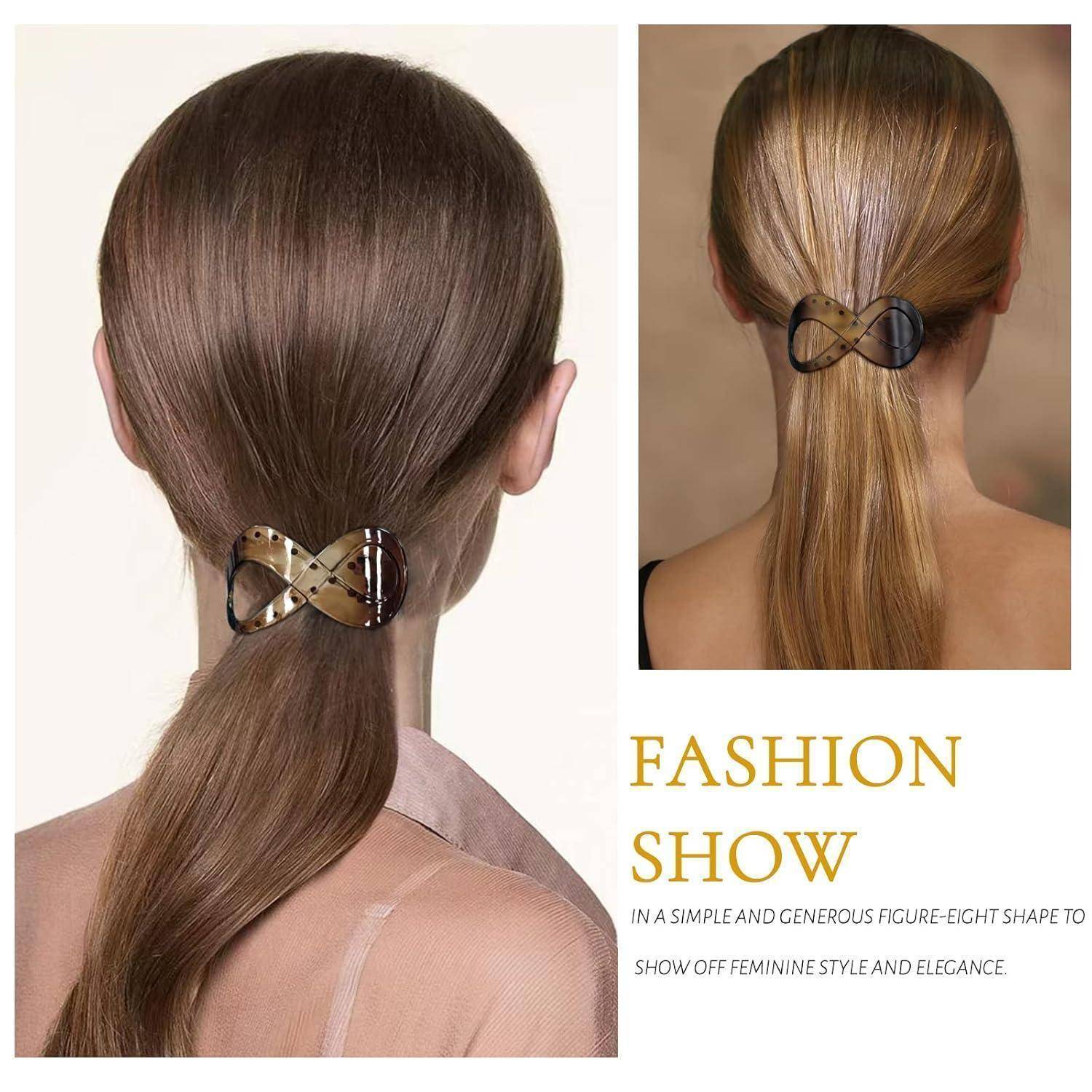 Ein Model mit langen Haaren wird gezeigt, das eine Haarspange in Form einer Acht trägt und damit weiblichen Stil und Eleganz präsentiert. Der Text lautet ‚Fashion Show'.