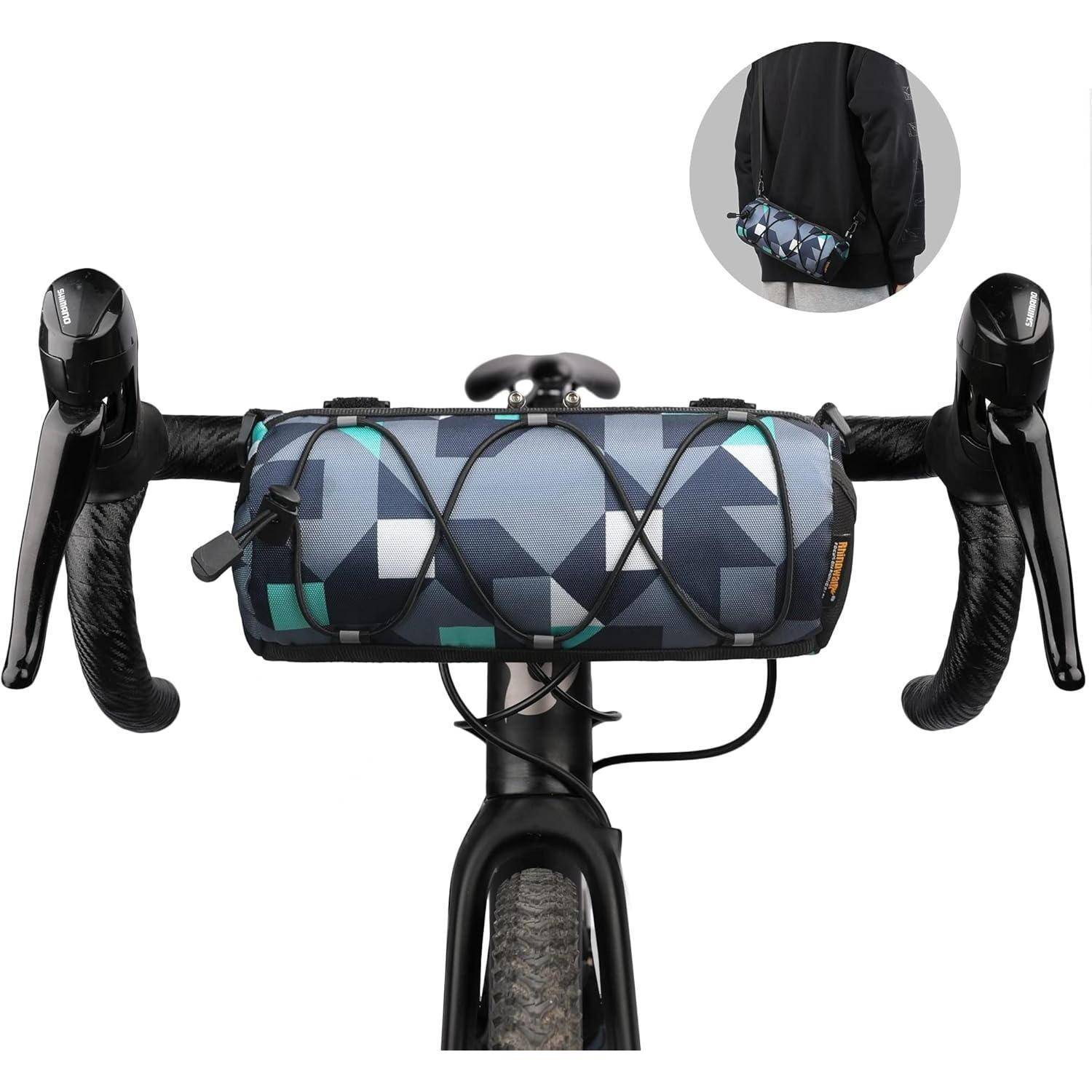 Eine Fahrradlenkertasche mit geometrischem Muster ist angebracht. Die Einblendung zeigt, wie sie über der Schulter getragen wird und damit ihre Doppelnutzung veranschaulicht.