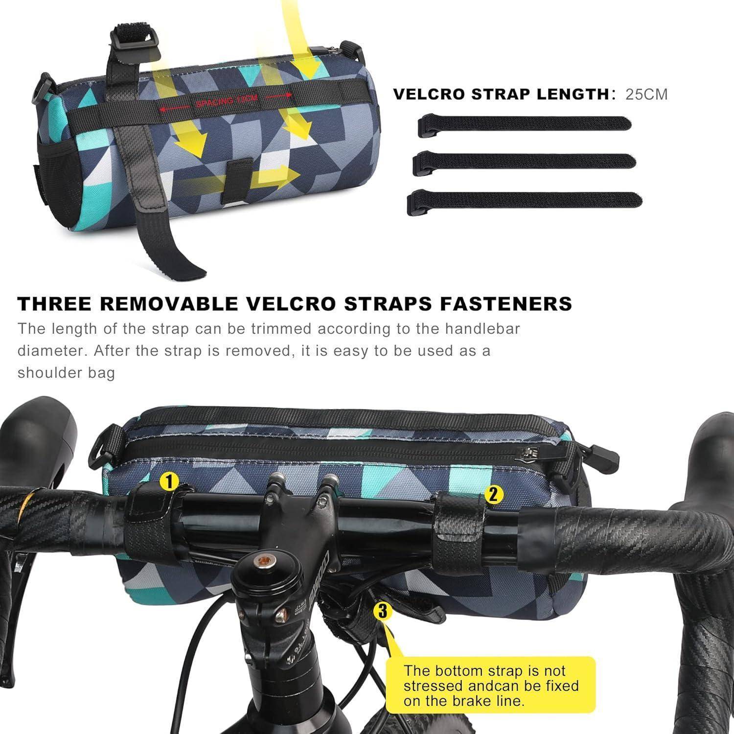 Eine Lenkertasche, die mit drei abnehmbaren Klettbändern an einem Fahrrad befestigt ist. Die Länge beträgt 25 cm. Eine Notiz erwähnt: 