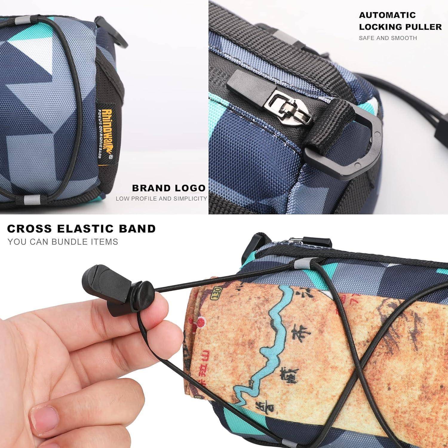 Eine Reisetasche mit geometrischem Muster verfügt über einen automatischen Verschlussmechanismus, Markenlogo und ein elastisches Kreuzband zum Zusammenbinden von Gegenständen.