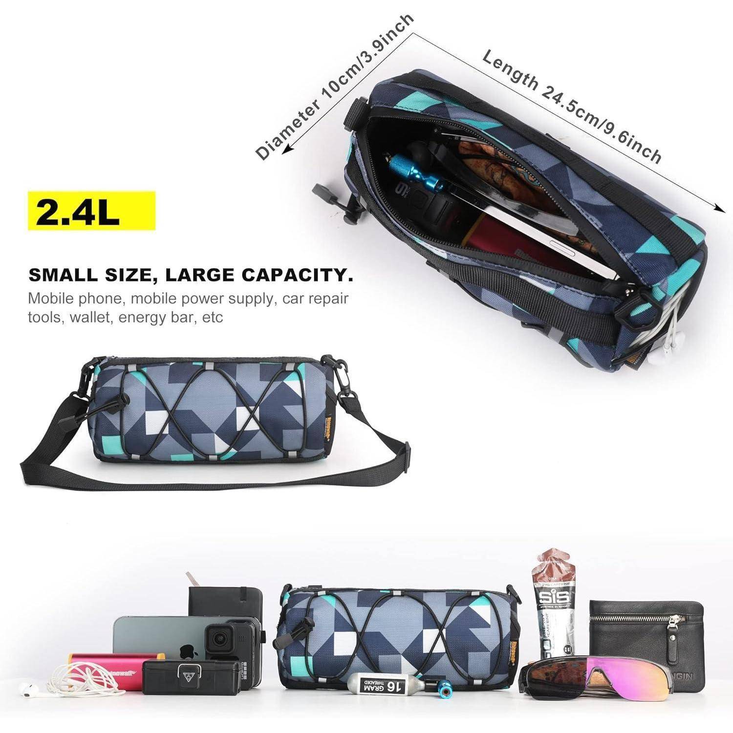 Kleine geometrisch gemusterte Tasche mit 2,4 L Fassungsvermögen. Zeigt Gegenstände, die sie aufnehmen kann: Handy, Powerbank, Sonnenbrille, Geldbörse, Energieriegel. Maße: Länge 24,5 cm, Durchmesser 10 cm.