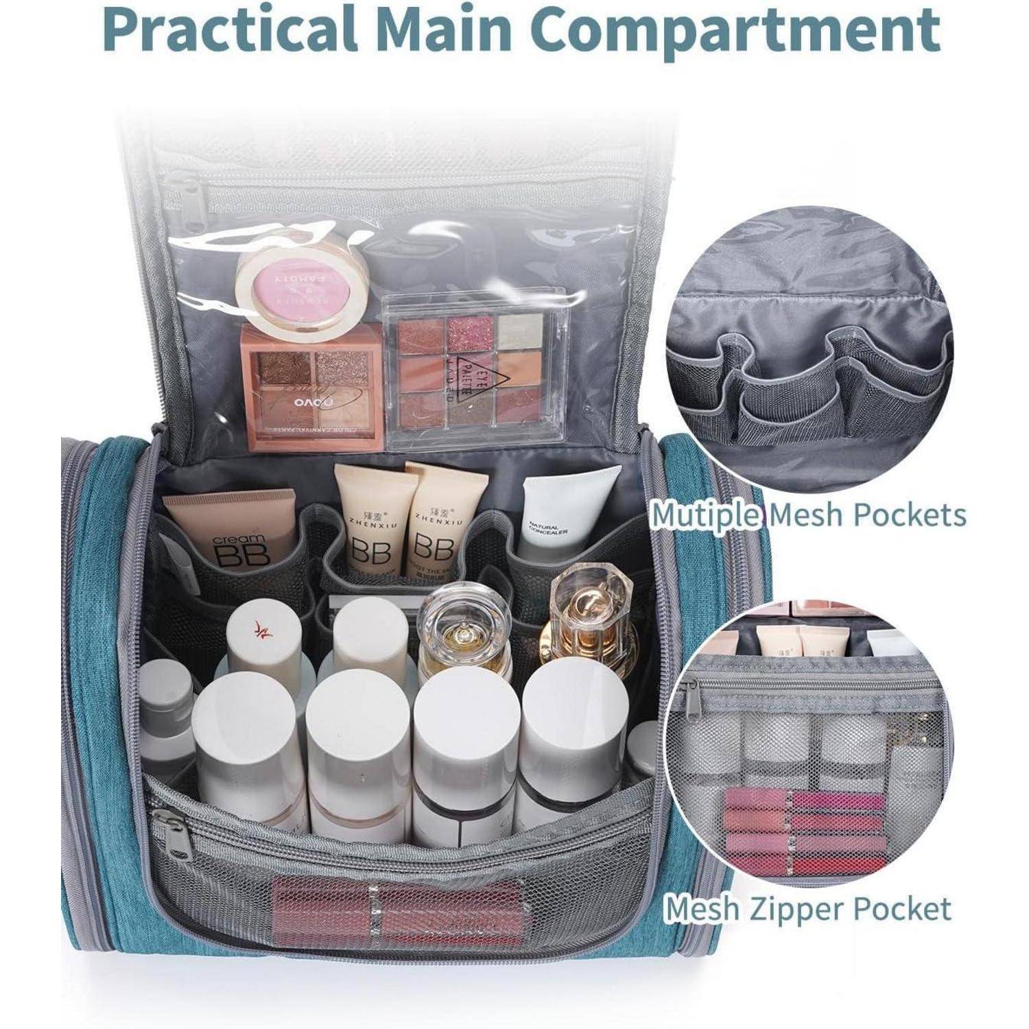 Geöffnete Kulturtasche zeigt mehrere Netztaschen, die mit verschiedenen Kosmetikprodukten gefüllt sind, darunter Lotionen, Parfüms und Make-up-Utensilien.