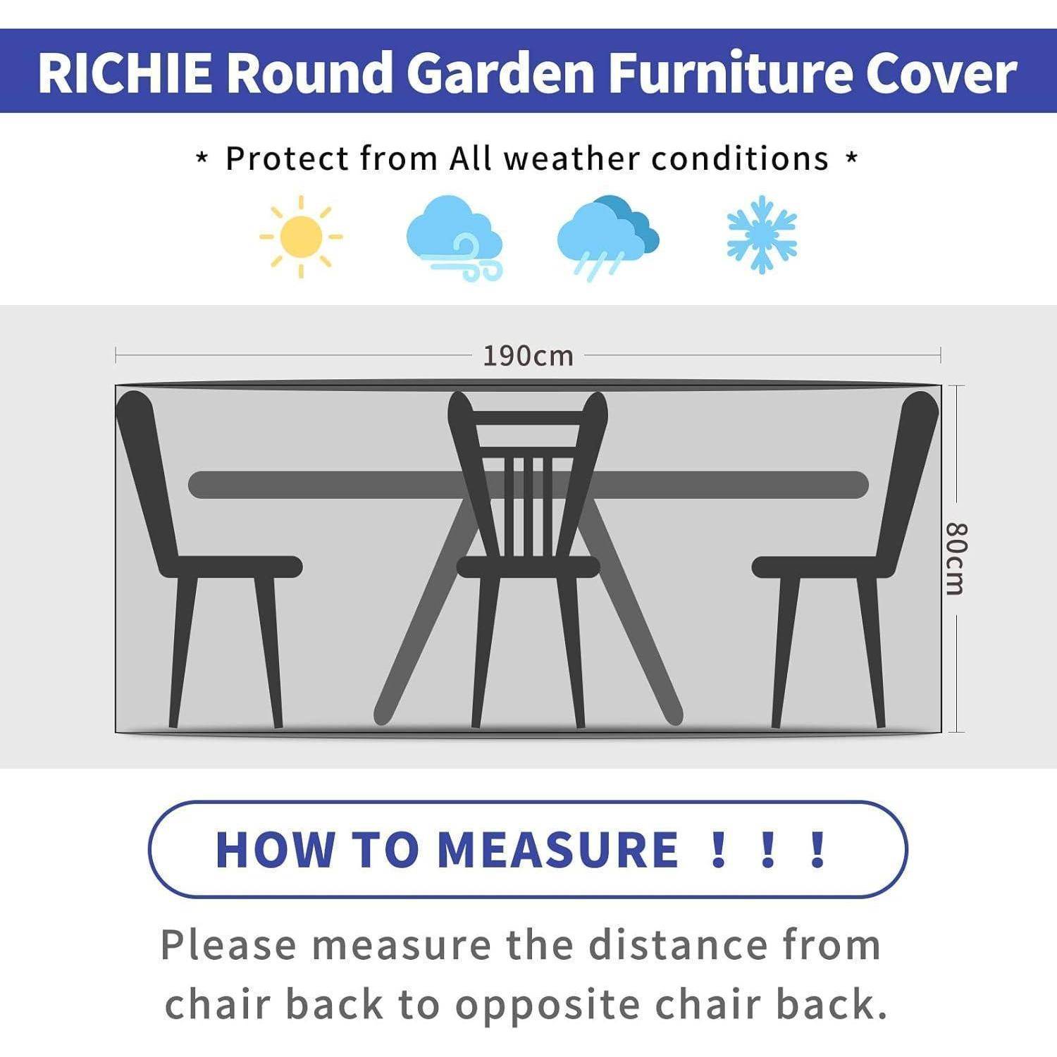 RICHIE Runde Gartenmöbel-Abdeckung'. Illustration eines Tisches und Stühle mit Maßen: 190 cm breit, 80 cm hoch. Schützt vor allen Witterungsbedingungen.