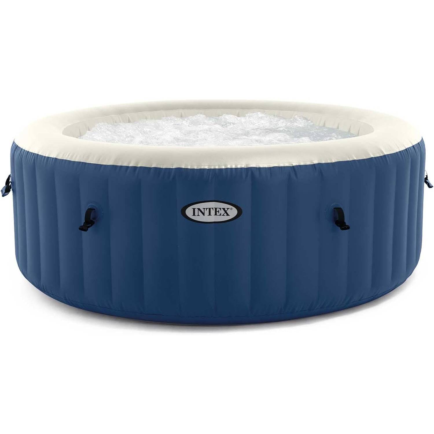 Intex Aufblasbare Whirlpool, gefüllt mit sprudelndem Wasser, zum Entspannen konzipiert, mit blauer Außenfläche und weißem Rand.
