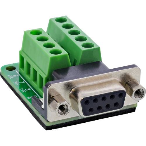Ein grüner Terminalblock-Adapter mit einer 9-poligen weiblichen Schnittstelle, wird zum Verbinden von Drähten mit elektronischen Geräten verwendet.