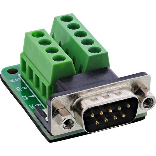 Ein 9-poliger männlicher DB9-Stecker mit grünen Anschlussklemmen auf einer kleinen Leiterplatte für einfache Verdrahtungsverbindungen.